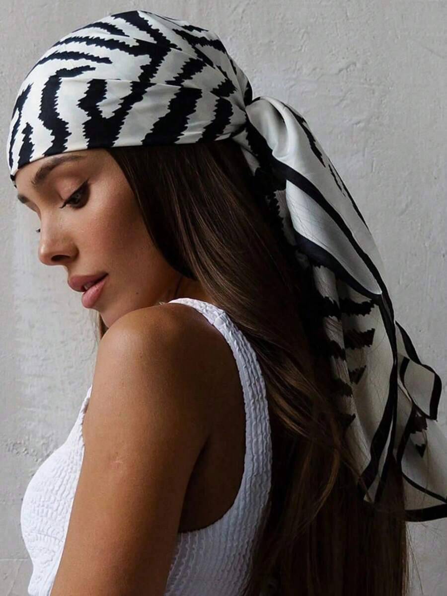 1pc Silk Satin Black & White Zebra Print Fashion Scarf, Versatile Neckerchief Headscarf Suitable ... | SHEIN