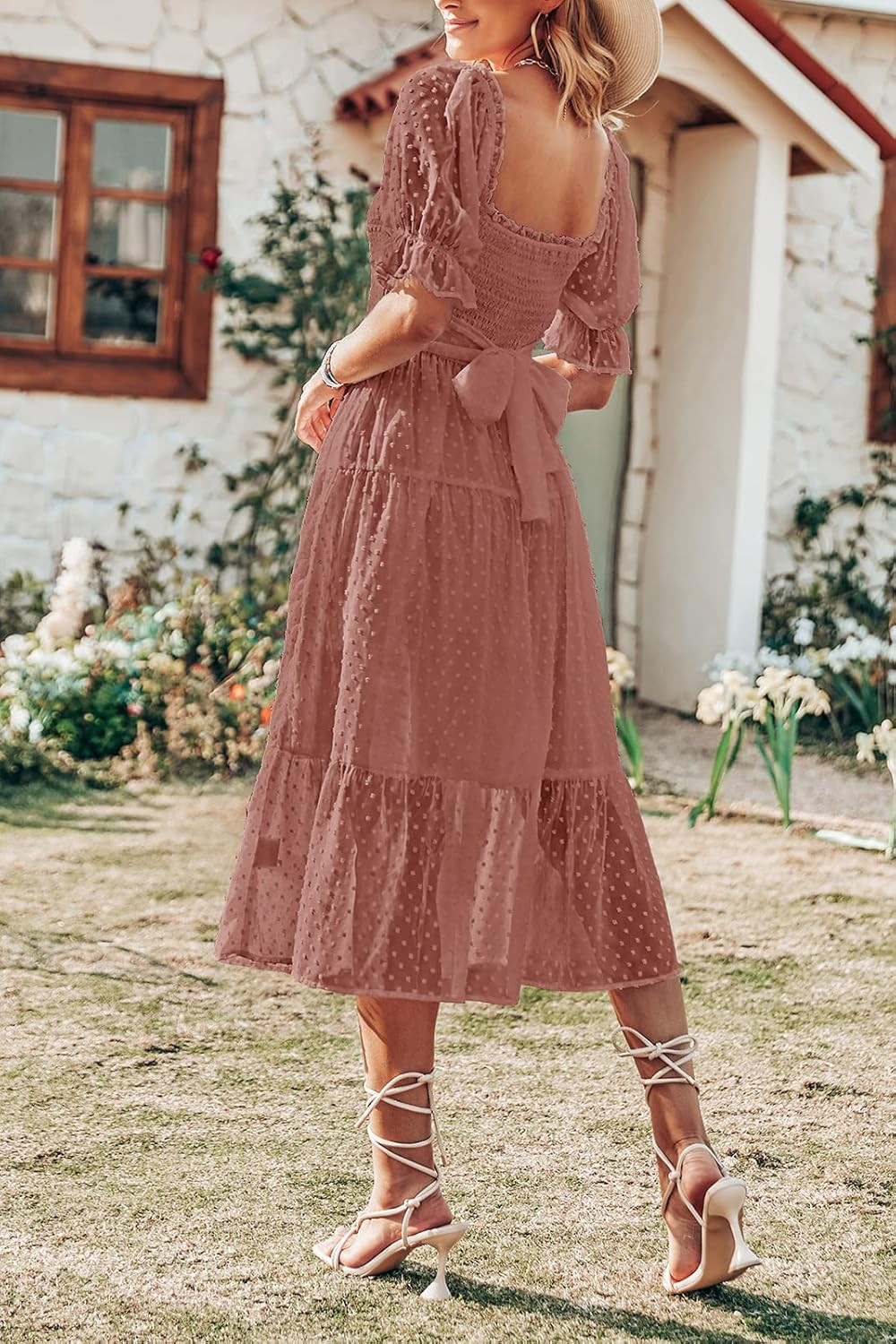 MEROKEETY Women's Summer Square Neck Puff Sleeve Boho Midi Dress Swiss Dot Ruffle Flowy Tie Back ... | Amazon (US)