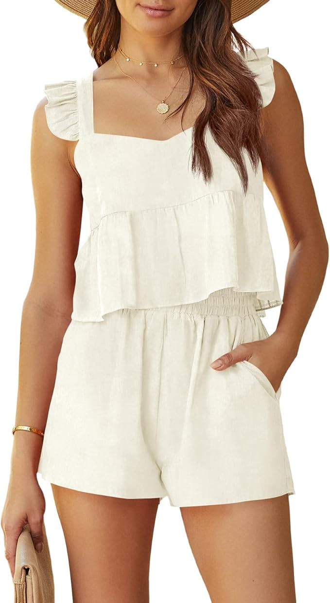 Fessceruna Womens Boho 2 Piece Sleeveless Ruffle Babydoll Crop Top and High Waist Outfit Pocketed... | Amazon (US)