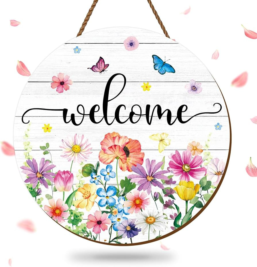 JarThenaAMCS Summer Flower Welcome Door Sign Wildflower Wooden Hanging Sign Floral Butterfly Door... | Amazon (US)