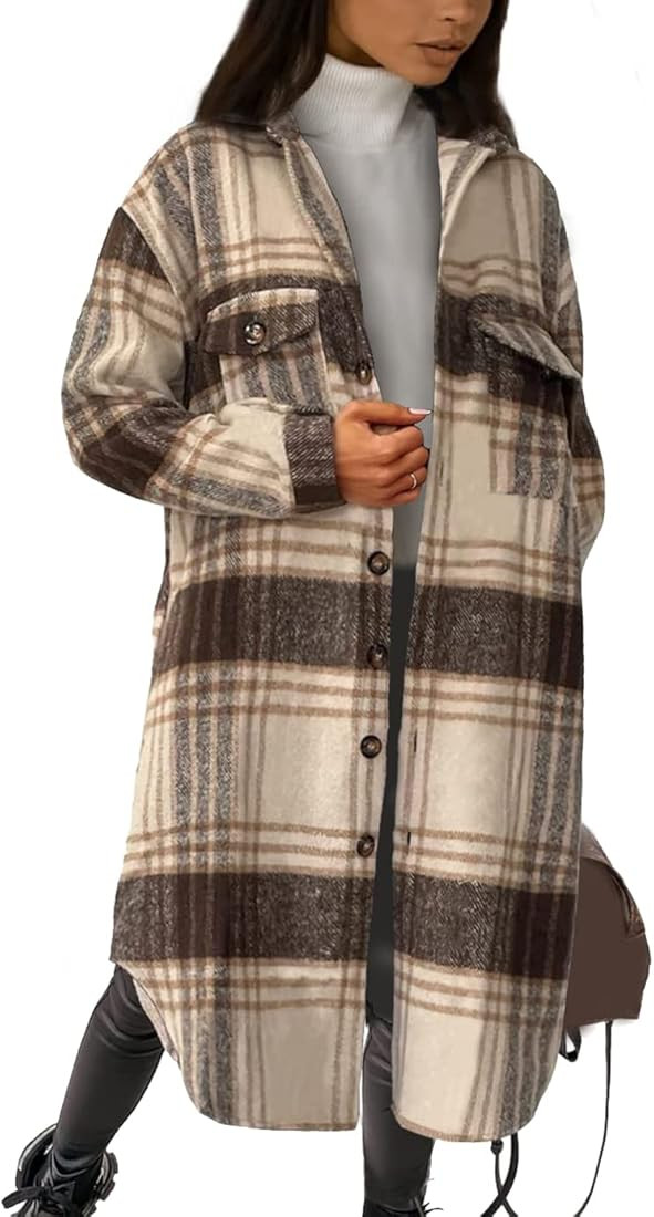 SeeKMe Women's Oversized Flannel Plaid Shacket Jacket Flap Pocket Lapel Button Down Long Shirt Jacke | Amazon (US)