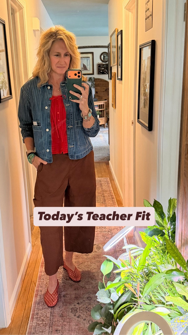 I literally just bought these brown barrel pants from Old Navy but I already have a feeling they’re going to get a lot of wear this summer. They’re ridiculously comfortable, hold their shape & don’t get sloppy after sitting all day… which immediately earns bonus points from me. 😂 I grabbed them in khaki too because once I find pants I actually like, I usually commit.

The little red top was a TJ Maxx find & honestly… old me would’ve NEVER picked red. I used to avoid it completely & lived in neutrals. Somewhere along the line this year I started liking it & now I keep reaching for it more & more. Weird. ❤️

Finished it off with the Old Navy workwear jacket, red jellies & some turquoise jewelry because the brown/red combo needed a little something extra today. ✨ https://www.shopltk.com/explore/Teacher_Fits_by_Lora

Teacher outfit details: Old Navy barrel pants • Old Navy workwear jacket • TJ Maxx red top • red jelly flats • turquoise jewelry • teacher style • midlife casual outfit

#OldNavyStyle #TJMaxxFinds #TeacherOutfit #MidlifeStyle #LTKFashion #LTKTeacherOOTD #LTKTeacherfit

#LTKgrwm #LTKootd #LTKWorkwear