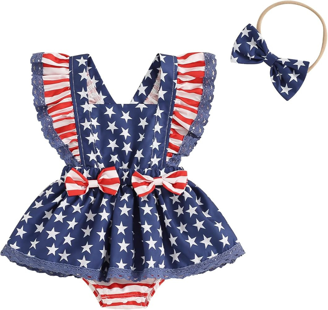 GOOCHEER 4th of July Baby Outfit Newborn Girl American Flag Star Stripe Fly Sleeve Romper Dress S... | Amazon (US)