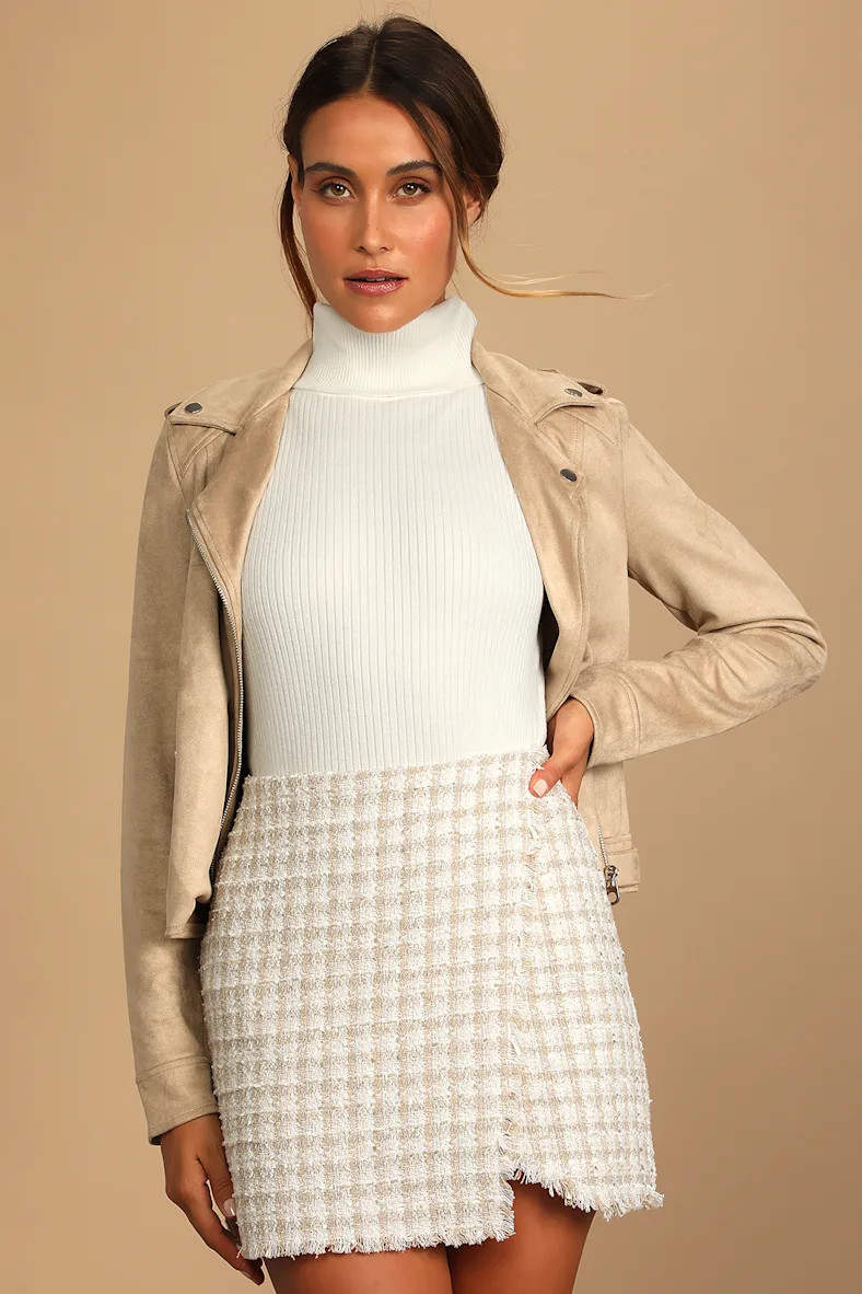 Preppy Reputation Ivory Plaid Tweed Faux-Wrap Mini Skirt | Lulus (US)