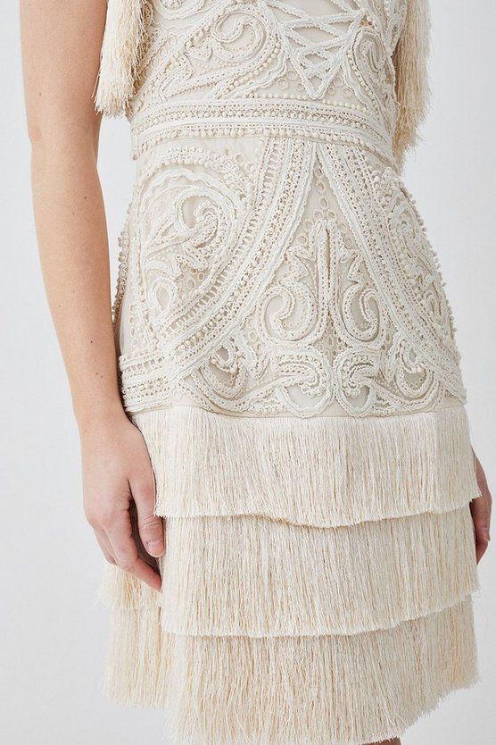 Cornelli Embellished Fringed Woven Dress | Karen Millen US