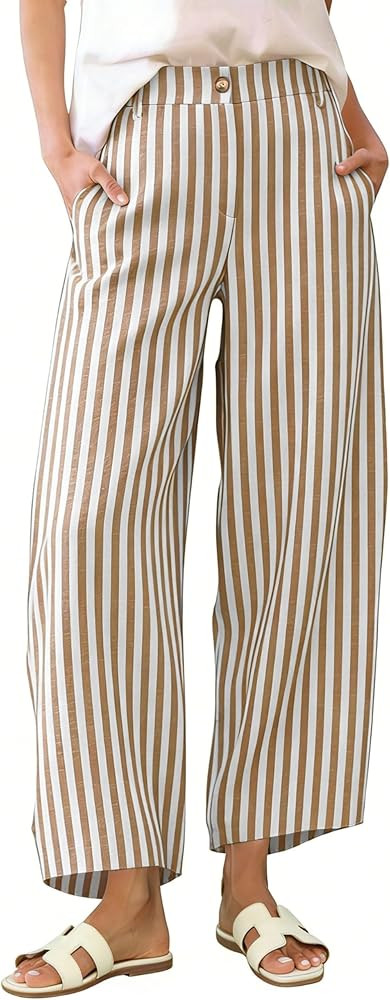 Athlisan Womens Summer Striped Barrel Pants Casual Baggy Wide Leg Palazzo Pants Beach Vacation Ou... | Amazon (US)