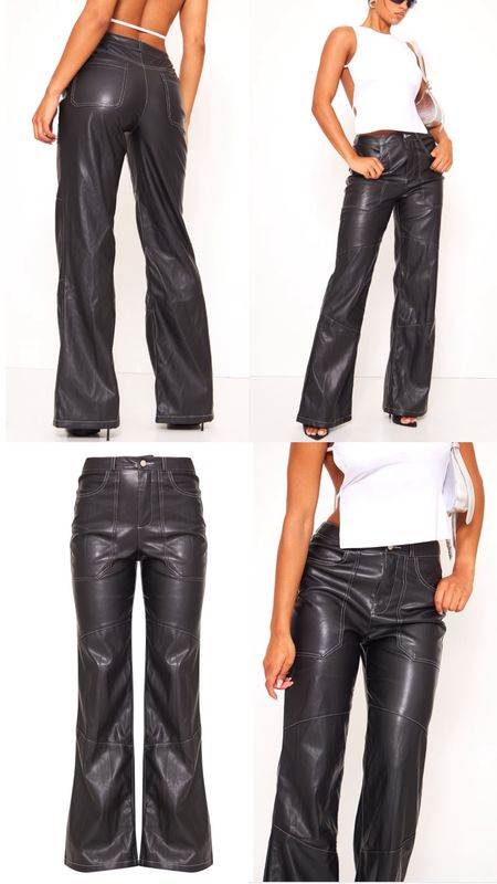 Black Trousers. Featuring a black faux leather material with an exposed seam design and a wide leg fit. On sale under £20. Affordable fashion.  Wardrobe staple. Timeless. Gift guide idea for her. Luxury, elegant, clean aesthetic, chic look, feminine fashion, trendy look, workwear, office. Date night out, party, brunch outfit. Pretty Little Thing outfit idea. 

#LTKsalealert #LTKparties #LTKfindsunder50