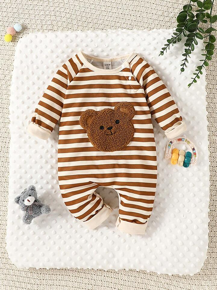 Baby Boy Striped & Bear Patched Button Front Jumpsuit | SHEIN