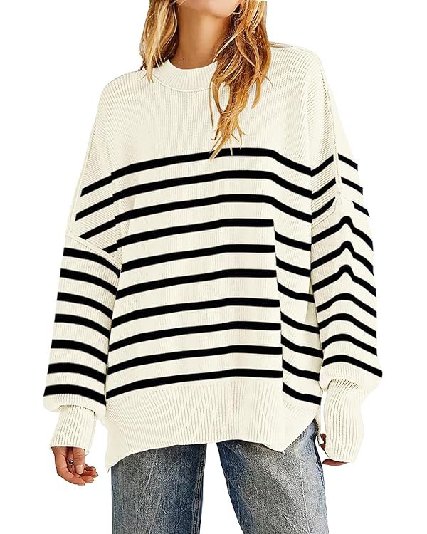 Women's Oversized Crewneck Sweaters Batwing Long Sleeve Side Slit Ribbed Knit Pullover Sweater To... | Amazon (US)