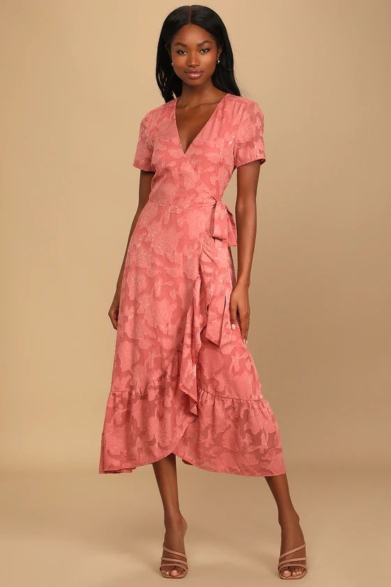 Blissfully Rusty Rose Jacquard Short Sleeve Wrap Midi Dress | Lulus (US)