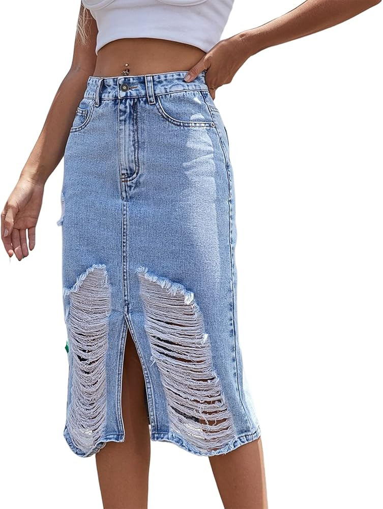 Women's Bodycon Front Split Ripped High Waist Midi Denim Pencil Skirts with Pockets | Amazon (US)