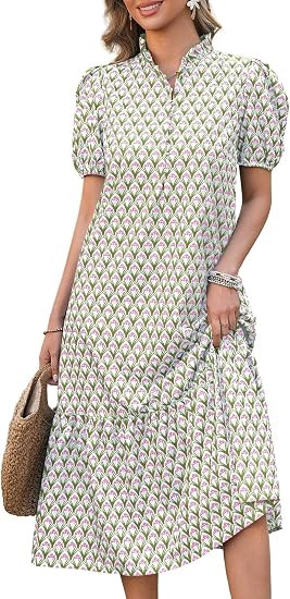 Wenrine Womens Summer Floral V Neck Puff Short Sleeve Button Maxi Dress | Casual,Flowy,Boho,Beach... | Amazon (US)