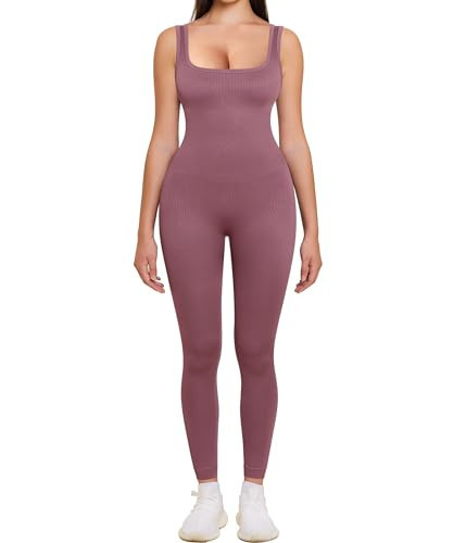 TrainingGirl Women Workout Jumpsuit Square Neck Tank Tops Ribbed Long Yoga Bodysuit One Piece Outfit Sleeveless Sports Romper(Dusty Rose, XX-Large) | Amazon (US)