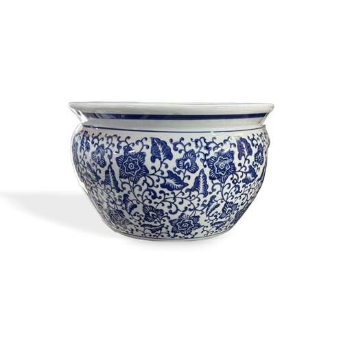New 10" Oriental Cobalt Blue and White Ornate Flowers and Vines Floral Fish Bowl Jardiniere Fish Bowl Planter Plant Pot Potbelly Shape | Amazon (US)