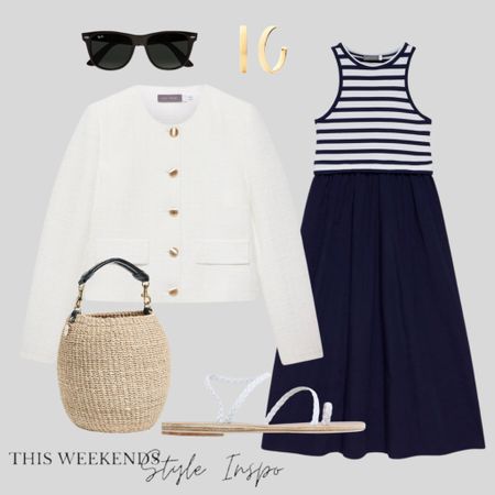 Outfit inspiration, a classy timeless look for Sunday lunch for Father’s Day in a navy white striped dress, white jacket, sandals & basket bag 

#LTKuk #LTKover50style #LTKeurope