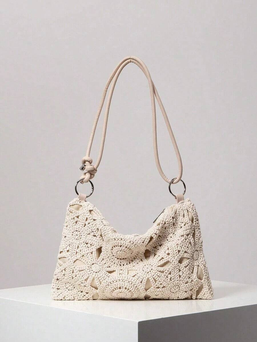 Floral Hollow Out Woven Bag, Bohemian Shoulder Bag, Holiday Casual Straw Bag, Metal Round Clasp U... | SHEIN