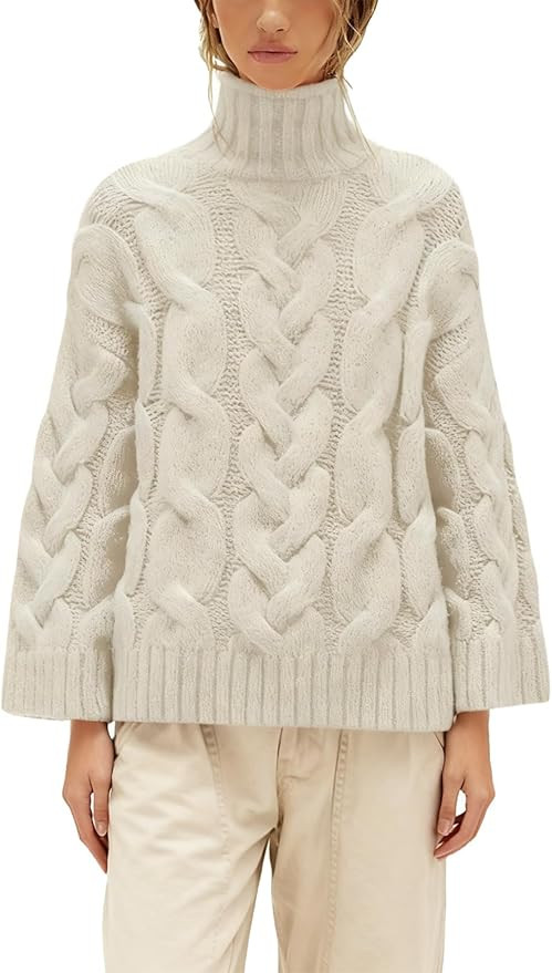 Fnortc Womens Cable Knit Turtleneck Oversized Sweater Chunky Warm Soft Cozy Long Sleeve Fall Wint... | Amazon (US)