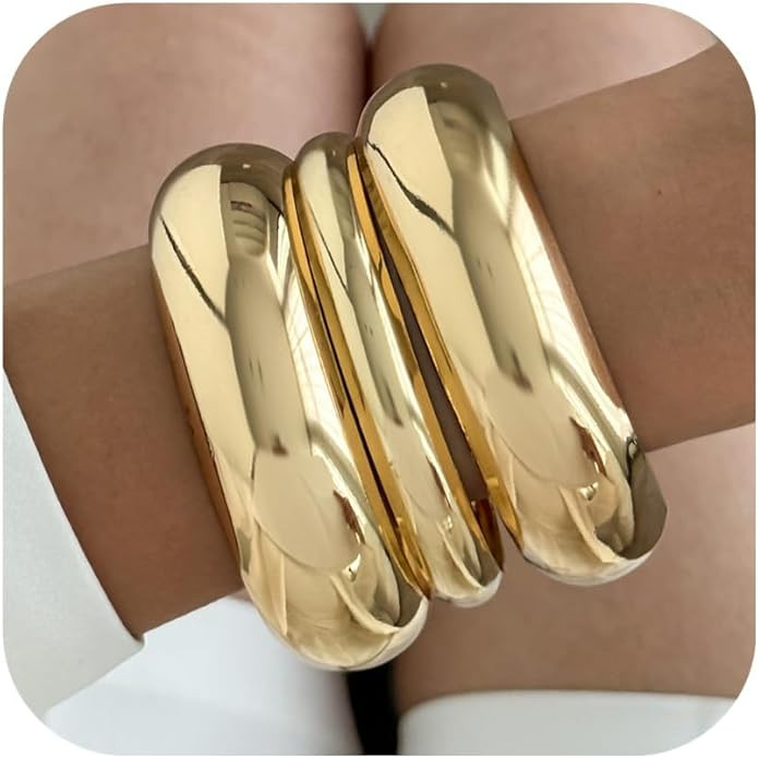 3PCS Chunky Gold Bangle Bracelets for Women Stack Trendy Wide Wrist Statement Bangle Silver Cuff ... | Amazon (US)
