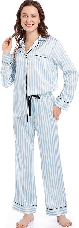 Serenedelicacy Women's Silky Satin Pajamas Button Up Long Sleeve PJ Set Sleepwear Loungewear | Amazon (US)