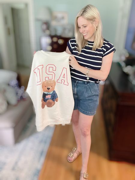 Pleated denim shorts, striped t-shirt, USA bear sweatshirt, nautical stripes, patriotic outfit, Memorial Day outfit, mom outfits 

#LTKOver40 #LTKFindsUnder100 #LTKFindsUnder50