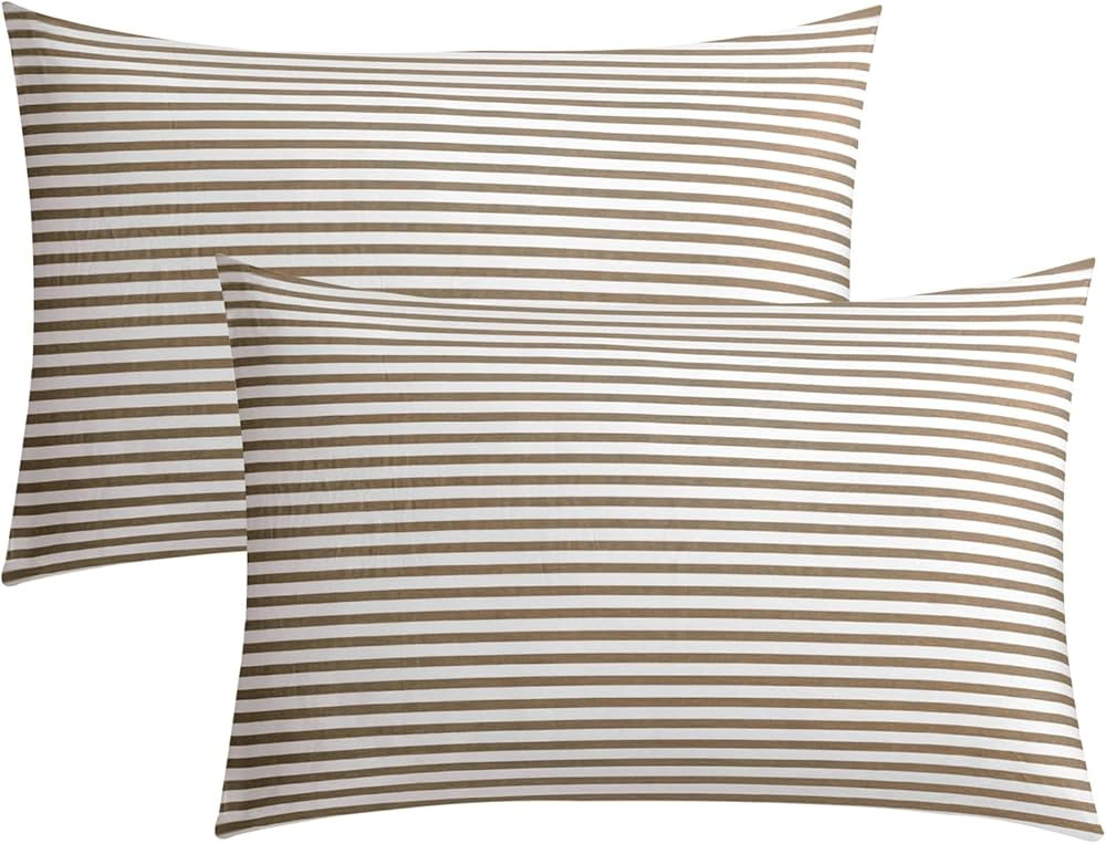 JELLYMONI 100% Natural Cotton Striped Queen Pillowcases Set, 2 Pack White and Khaki Stripes Patte... | Amazon (US)