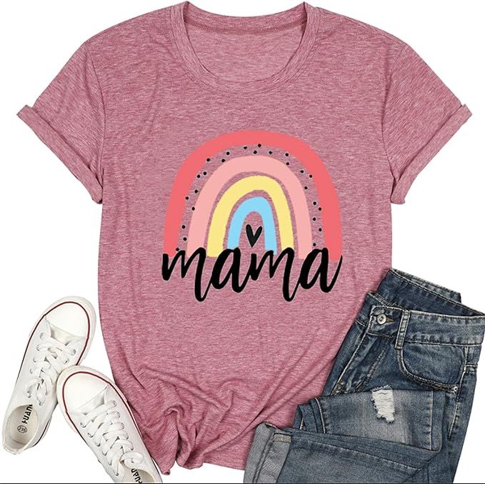 Mama Shirts for Women Funny Rainbow Heart Graphic Shirt Mothers Day Letters Print T Shirt Tee Top... | Amazon (US)