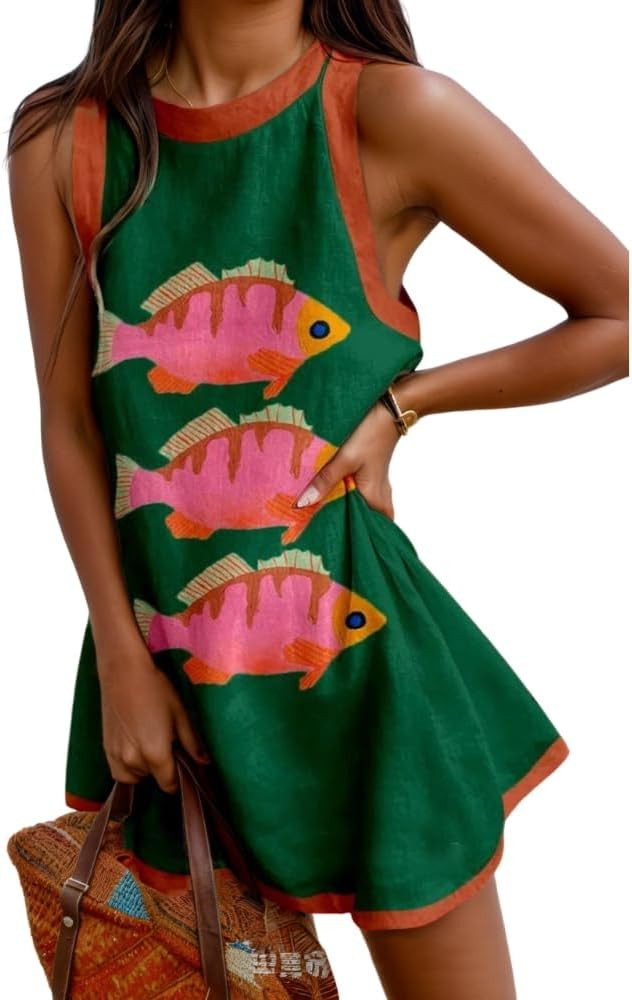 Women's Summer Ocean Animal Print Cotton Linen Mini Tank Dress Casual Loose Sleeveless Beach Vaca... | Amazon (US)