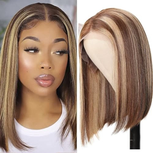 Bob Wig Human Hair 16 Inch 4/27 Colored Bob Wig Human Hair Wigs for Black Women Honey Blonde Lace Front HD Transparent Ombre Wigs Pre Plucked with Baby Hair | Amazon (US)