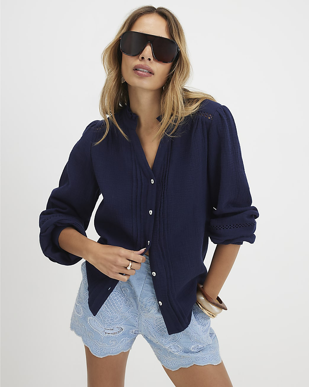 Navy Cotton Long Sleeve Pintuck Blouse | River Island UK & IE