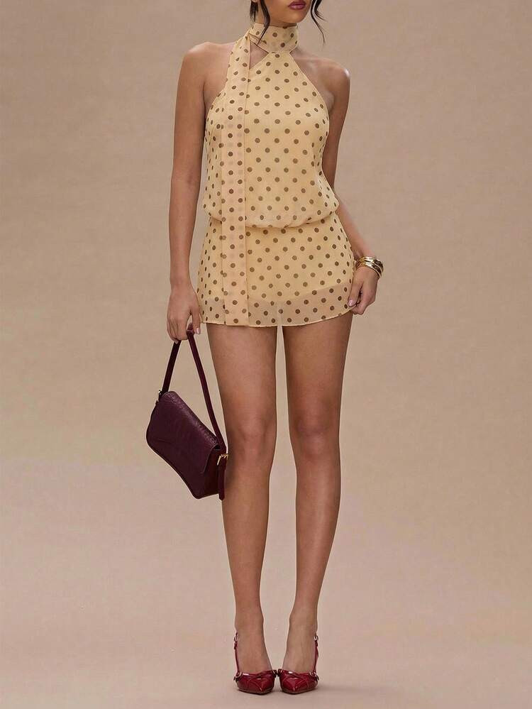 SHEIN BAE Women's Polka Dot Halter Tie Fashionable Date Party Mini Dress,Rave Outfits Festival,Summer Dresses For Women,Yellow Dresses For Women,Polka Dot Dress, Beach Vacation, Italian Vacation, Commuting Leisure, South France Holiday,Island Vacation, | SHEIN
