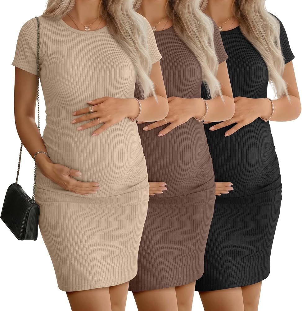 3 Pack Women's Maternity Dresses Cotton Ribbed Short Sleeve Pregnancy Dress Side Ruched Crew Neck... | Amazon (US)