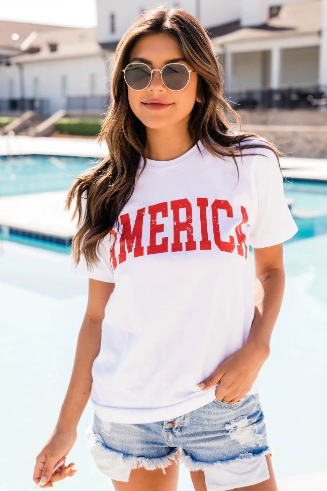 America Distressed Red Graphic White Tee | Pink Lily