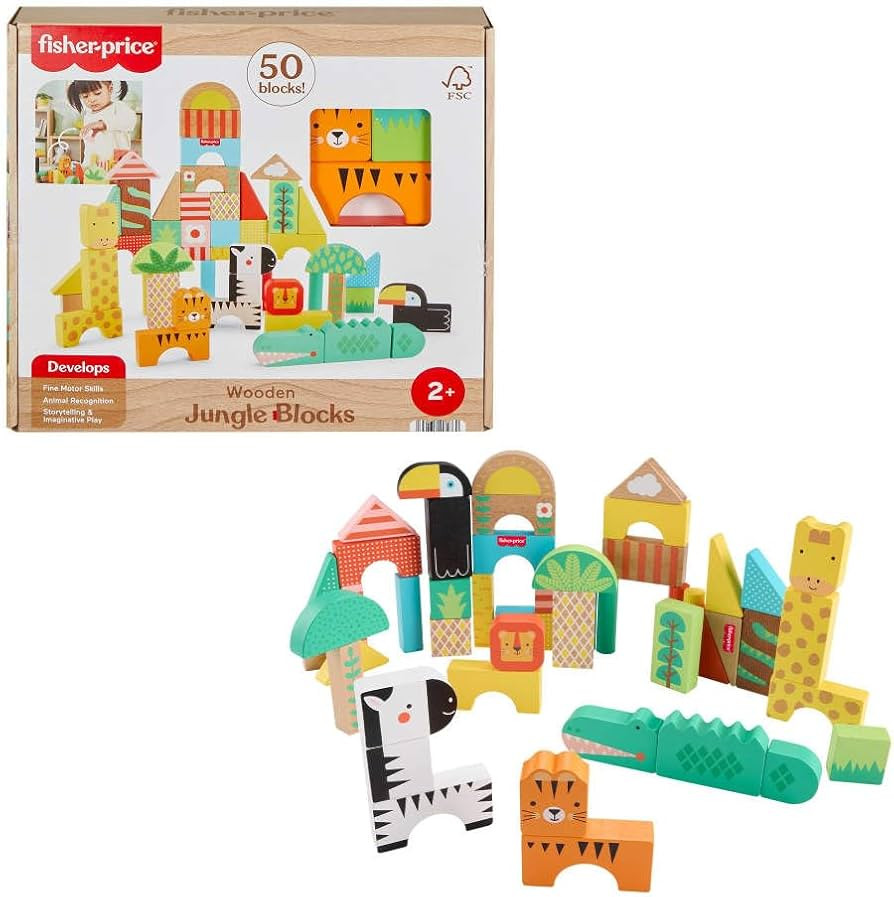Fisher-Price Wood Toddler Toy Jungle Blocks, 50-Piece Wooden Animal Building Set for Preschool Pr... | Amazon (US)