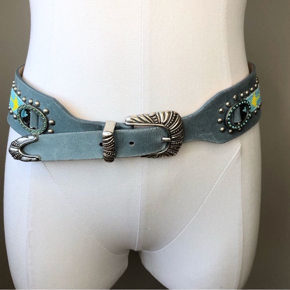 NWOT Streets Ahead USA made Blue leather beaded studded Western Belt L | Poshmark