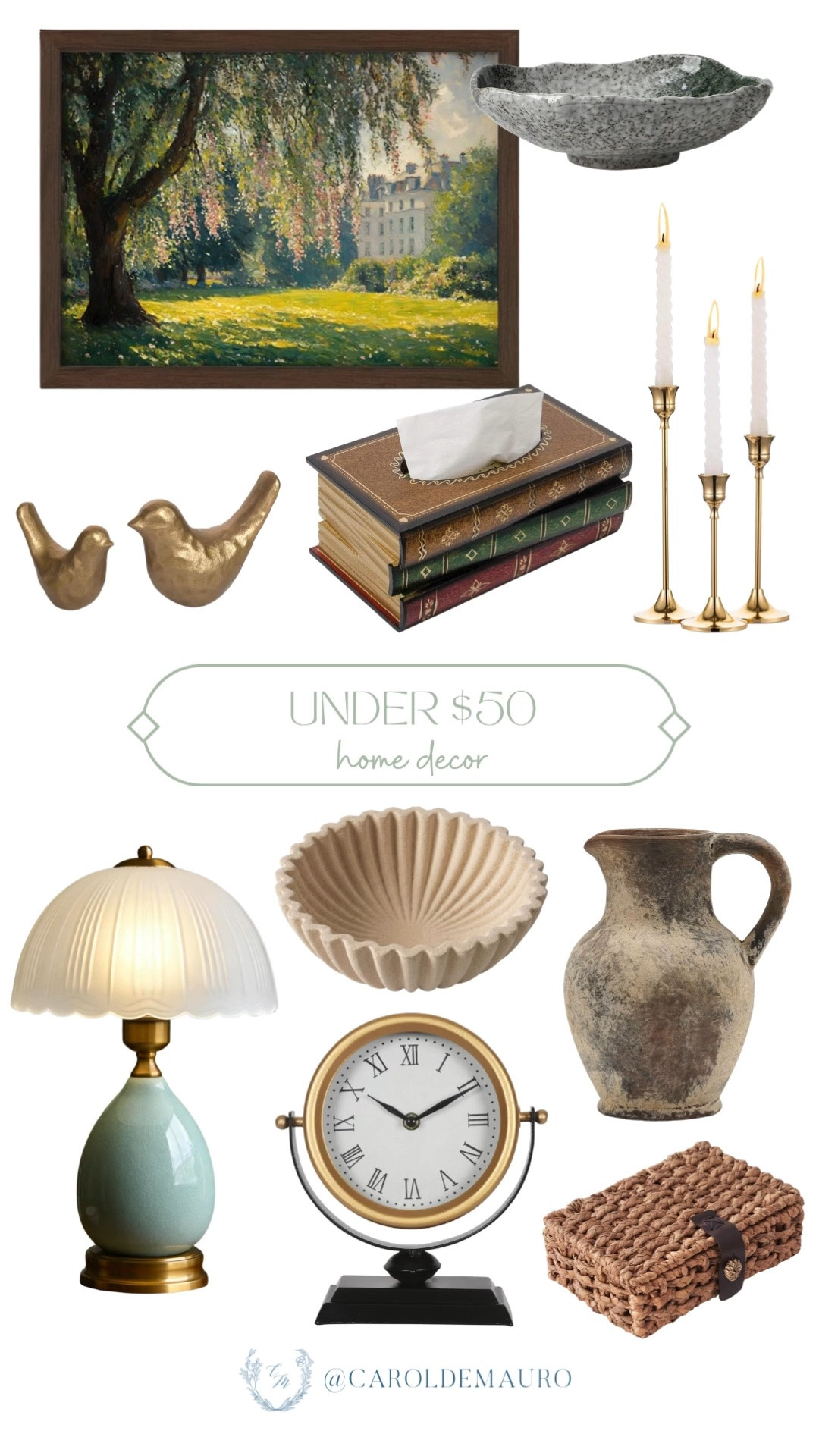 under $50, home decor, amazon home, wall art, decorative bowl, gold decor, tissue box holder, gold candle holders, vintage lamp, table clock, pitcher vase, woven trinket box, antique look, home accent

#LTKHome