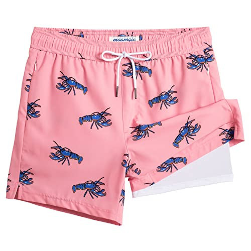 maamgic Mens Swim Trunks with Compression Liner 5" Stretch Athletic Swimming Shorts Quick Dry with Zipper Pockets No-Chafing Board Shorts Pink-Blue Crayfish Small | Amazon (US)