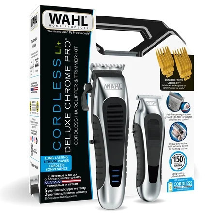 Wahl LI+ Deluxe Chrome Pro Cordless Hair Clippers & Beard Trimmer Kit, Self-Sharpening Blades, Adjustable Lever, 14 Guide Combs, Rechargeable, Chrome/Black – 3027814 | Walmart (US)