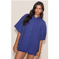 Navy Button Up Shirt | PrettyLittleThing US