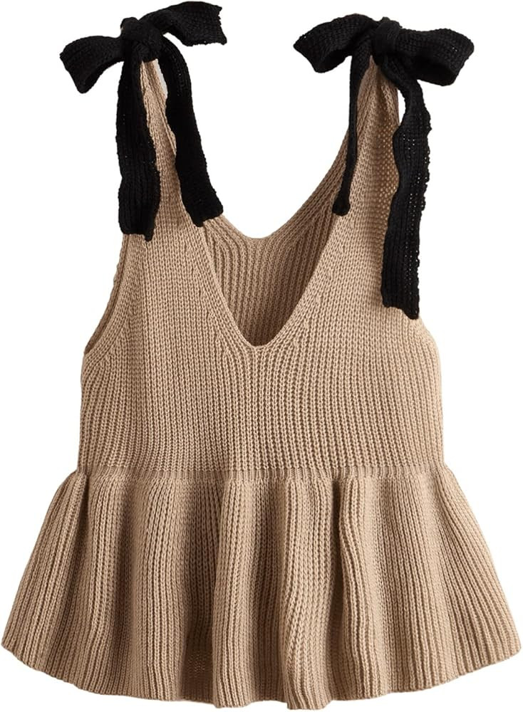 SweatyRocks Women's Casual Knit Top Sleeveless Ruffle Hem V Neck Peplum Crop Tank Top | Amazon (US)