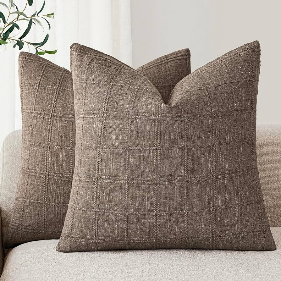 Foindtower Set of 2 Decorative Linen Check Throw Pillow Covers Neutral Farmhouse Vintage Cushion ... | Amazon (CA)