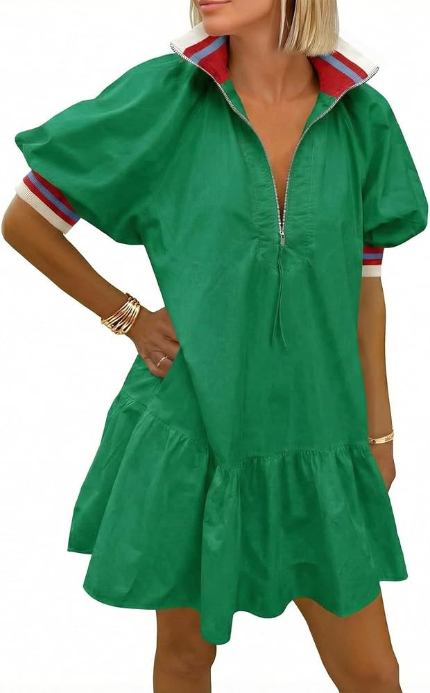 Wenrine Women Short Puff Sleeve Dress Half Zip V Neck Collar Summer Casual Color Block Sweatshirt... | Amazon (US)