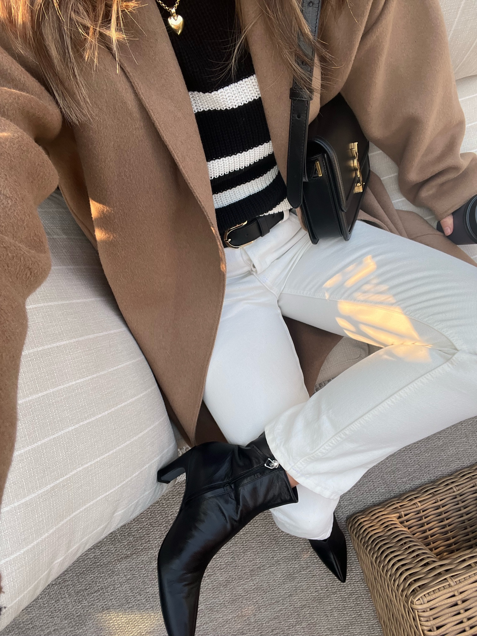 Fall outfit from the fall capsule wardrobe - camel coat (Jenni Kayne, linked similar), striped sweater, Everlane jeans, Poppy Barley boots. #fallstyle #neutralstyle #falloutfit

#LTKitbag #LTKshoecrush #LTKSeasonal