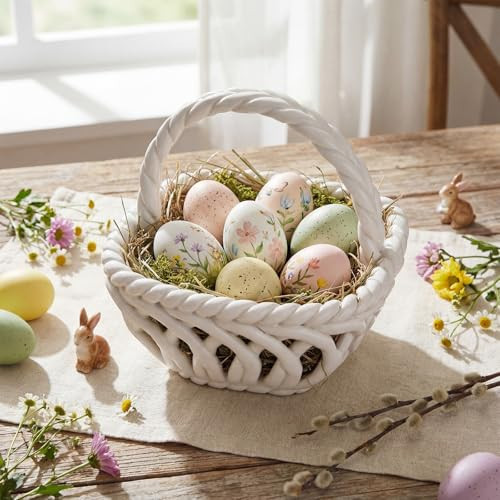 Reallnaive Easter 6" Hand Woven Fine Porcelain Basket White Multipurpose Handcrafted Ceramic Basket Ideal for Easter Party Egg Hunts Picnics and Seasonal Accents Displaying | Amazon (US)