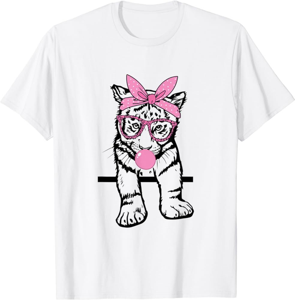Tiger Wearing Head Band Blowing Bubble Gum T-Shirt | Amazon (US)