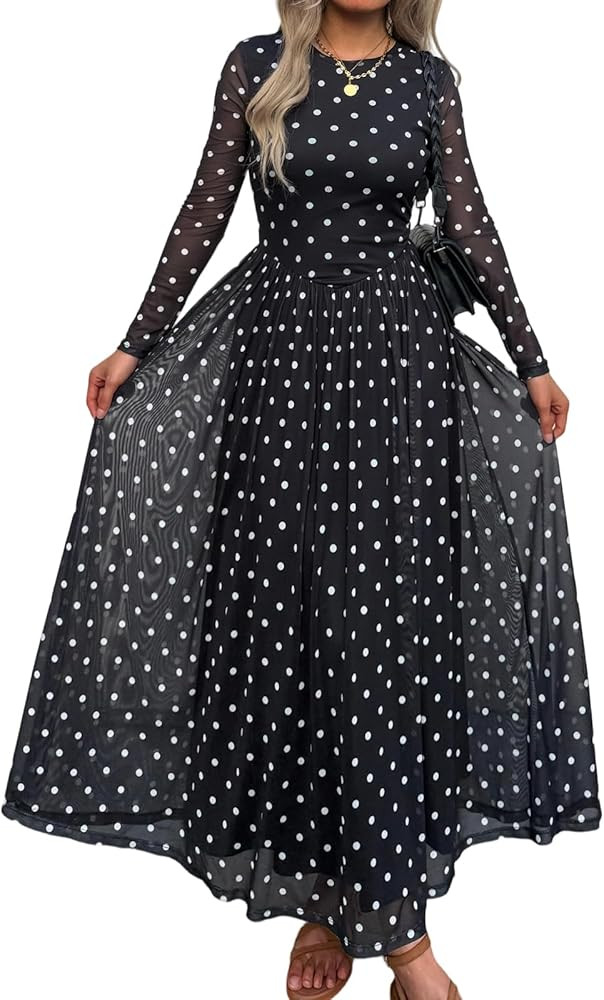 Women Maxi Dress Fall 2025 Long Sleeve A Line Mesh Floral Dress Elegant Party Club Cocktail Weddi... | Amazon (US)