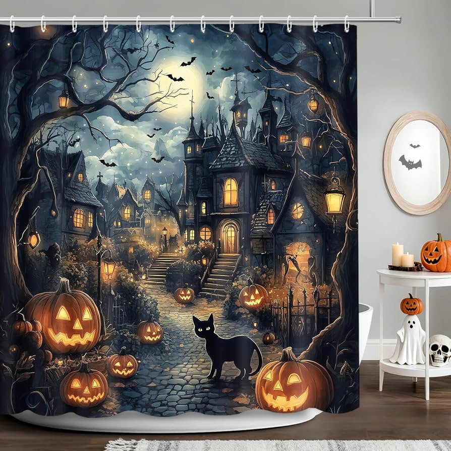 APROPHIC Halloween Shower Curtain, Halloween Horror Castle Shower Curtain for Bathroom, Pumpkin L... | Amazon (US)