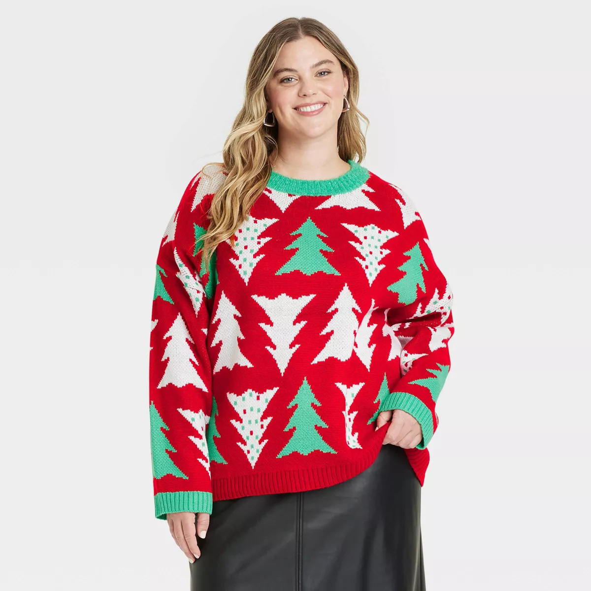 Women's Christmas Tree Print Oversized Festive Graphic Sweater - Red 3X | Target