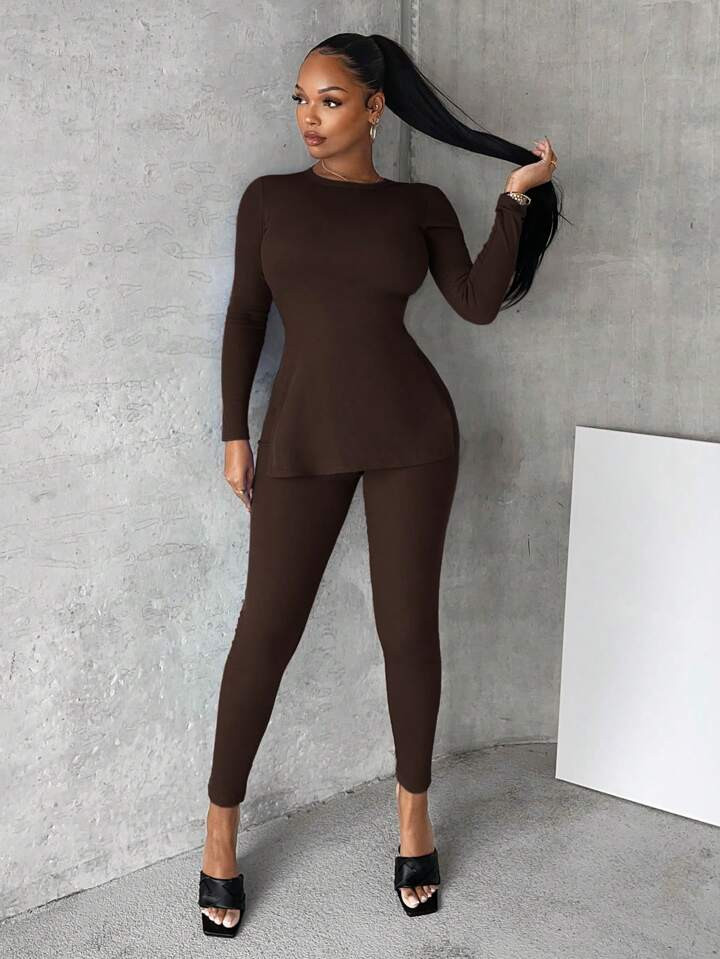 SHEIN SXY Solid Split Hem Tee & Leggings | SHEIN