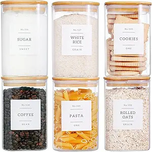 CZZGSM 6 Pack Square Kitchen Storage Jars with Airtight Bamboo Lids and 132 Pantry Labels - 35oz ... | Amazon (US)