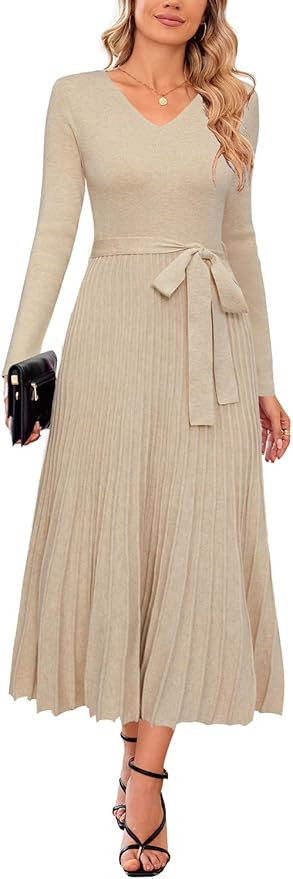 Arach&Cloz 2024 Fall Wool Blended Womens Long Sleeve V Neck Tie Waist Pleated A Line Ribbed Knit ... | Amazon (US)